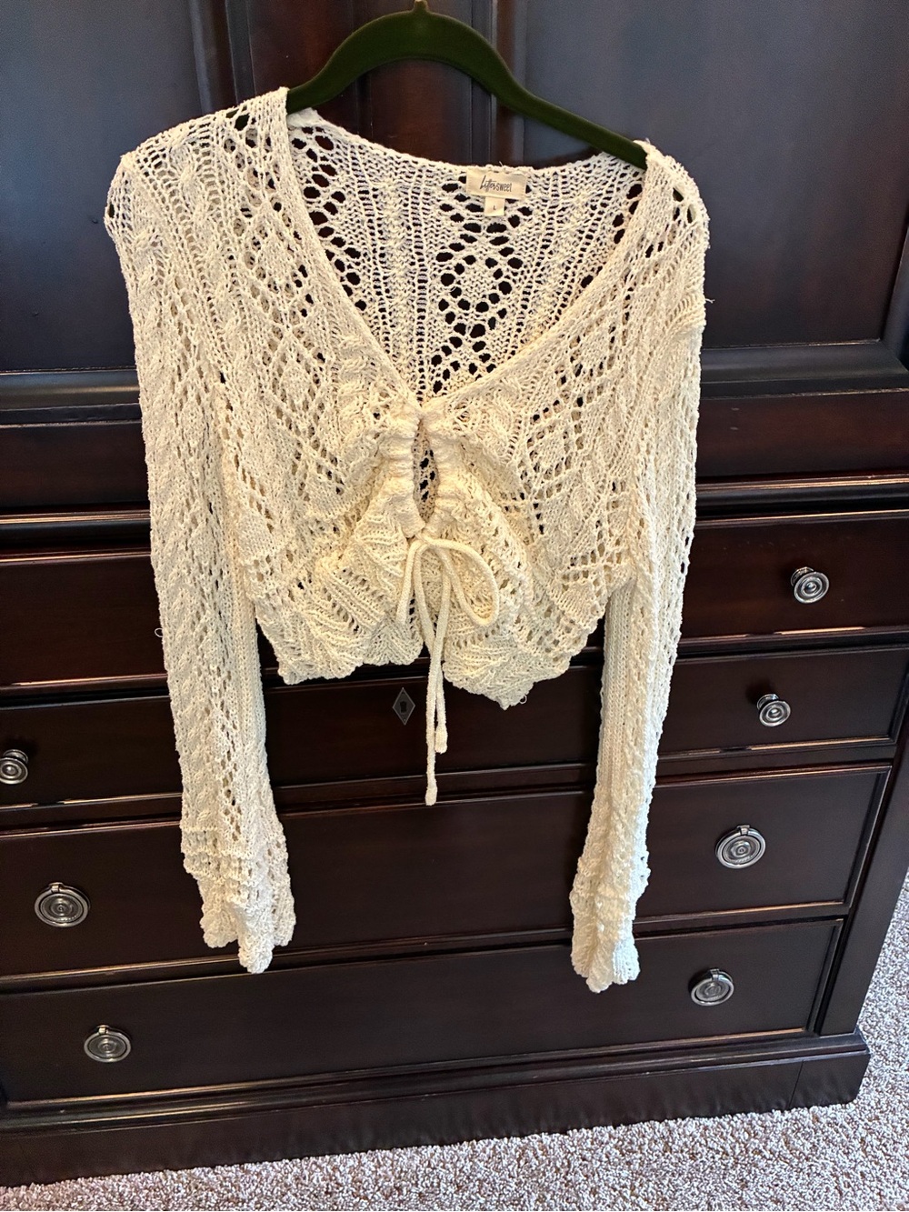 Crochet Tie-Front Cropped Cardigan - Cream